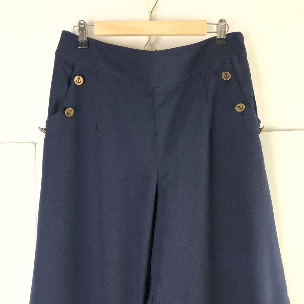 ModCloth Women Pants Cambridge Wide Leg High Rise Trousers Sz L Navy Academia - Picture 3 of 9